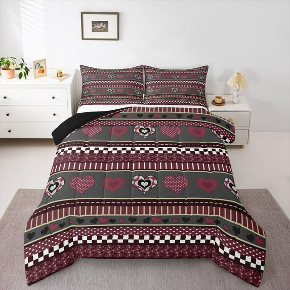 Castle Fairy Cute Plaid Love Heart Twin Comforter Sets,Checkered Stripes Bedding Set
