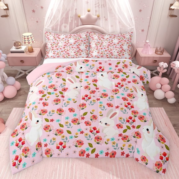 Castle Fairy Cute Rabbits Flowers Bedding Comforter Set 2pcs for Children Teens,Spring Garden Floral Twin Comforter Sets Microfiber,Dreamy Princess Breathable Bedding Set,Lightweight Room Decor