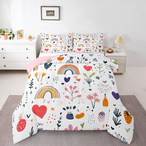 Castle Fairy Cute Rainbow Queen Comforter Set,Spring Garden Flowers Bedding Comforter Set