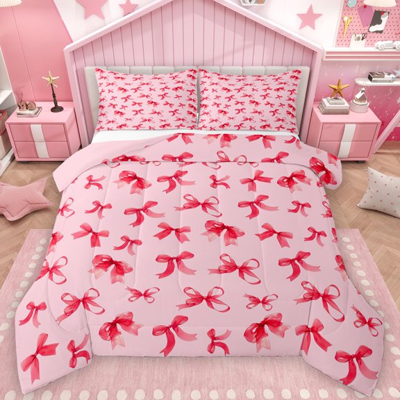 Castle Fairy Cute Red Bow Knot Girl Bedding Comforter Set 2pcs,Dreamy Princess Twin Comforter Sets Microfiber,Cartoon Ribbon Bow Breathable Bedding Set,Breathable Home Decor,Reversible