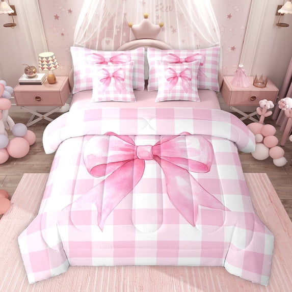 Castle Fairy Cute Ribbon Bow Bedding Comforter Set,Pink White Checkered Queen Bedding Sets
