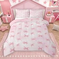 Castle Fairy Cute Ribbon Bow-Tie 2Pcs Bedding Comforter Set for Teens Girls Kids,Gradient Pink Twin Comforter Sets,Dreamy Princess Breathable Bedding Set,Luxury Bedroom Decor