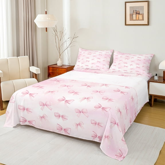 Castle Fairy Cute Ribbon Bow-Tie 3Pcs Twin Sheet Sets for Teens Girls Kids,Gradient Pink Twin Fitted Sheet,Dreamy Princess Breathable Flat Sheet,Luxury Bedroom Decor