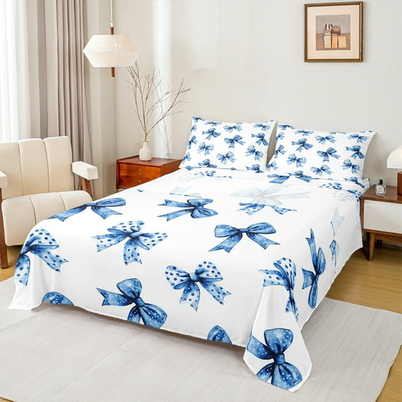 Castle Fairy Cute Ribbon Bow-Tie 4-Piece Full Size Sheets for Teens Boys Girls,Polka Dots Bed Sheets,Dreamy Princess Bow Lightweight Sheet Sets,Ultra Soft Home Decor