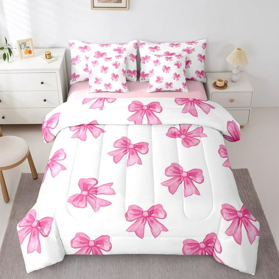 Castle Fairy Cute Ribbon Bow-Tie Bedding Comforter Set,Dreamy Girly Bow Full Bedding Set