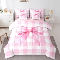 Castle Fairy Cute Ribbon Bow Twin Bedding Sets,Pink White Checkered Bedding Comforter Set