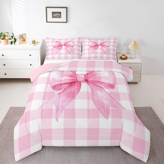 Castle Fairy Cute Ribbon Bow Twin Comforter Sets,Pink White Checkered Bedding Set