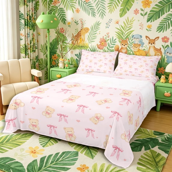 Castle Fairy Cute Ribbon Dreamy Bow Bed Sheets 4-Piece,Kawaii Animal Bear Full Size Sheets,Pink Cream,1 Fitted Sheet, 1 Flat Sheet and 2 Pillowcases