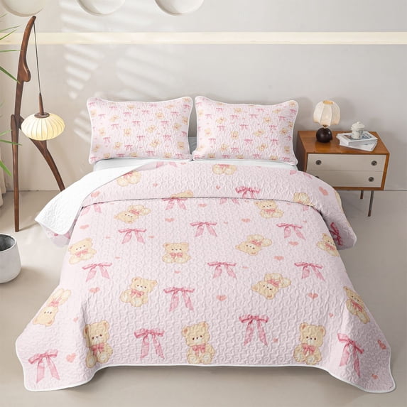 Castle Fairy Cute Ribbon Dreamy Bow Bed Spread Queen,Kawaii Animal Bear Queen Coverlet Set,Pink Cream