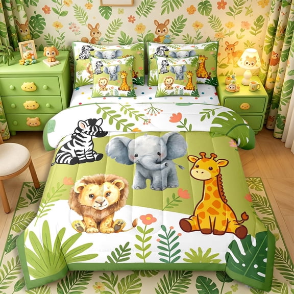 Castle Fairy Cute Safari Animal 7-Piece Twin Bedding,Floral Elephant Giraffe Zebra Bedding Comforter Set,Green Brown White,Reversible