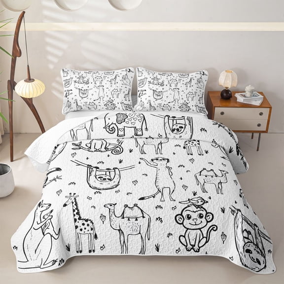 Castle Fairy Cute Safari Animal Bed Spread Queen for Boys,Giraffe Monkey Sloth Camel Silhouette Queen Coverlet Set,Black White