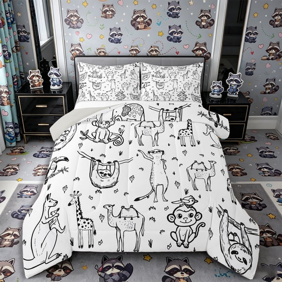 Castle Fairy Cute Safari Animal Full Size Comforter Sets 3-Piece for Boys,Giraffe Monkey Sloth Camel Silhouette Bedding Comforter Set,Black White,Grey Reversible,1 Comforter and 2 Pillowcases