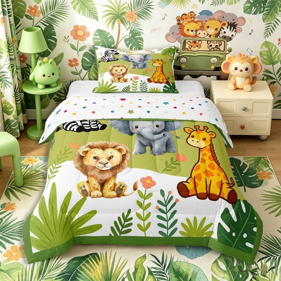 Castle Fairy Cute Safari Animal Twin Comforter Sets 2pcs,Floral Elephant Giraffe Zebra Bedding Set,Green Brown White,Reversible,1 Comforter and 1 Pillowcase