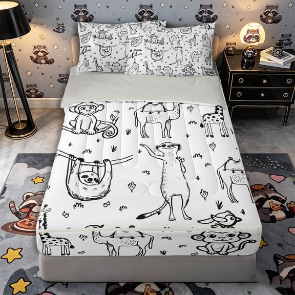 Castle Fairy Cute Safari Animal Zipper Twin Comforter Sets with Fitted Sheet and 2 Pillowcases for Boys,Giraffe Monkey Sloth Camel Silhouette Zipper Bedding Set,Black White,Grey Reversible,4-Piece