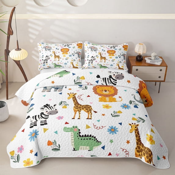Castle Fairy Cute Safari Elephant Lion Giraffe Zebra Bed Spread Queen,Cartoon Floral Animal Queen Coverlet Set,White Multicolor