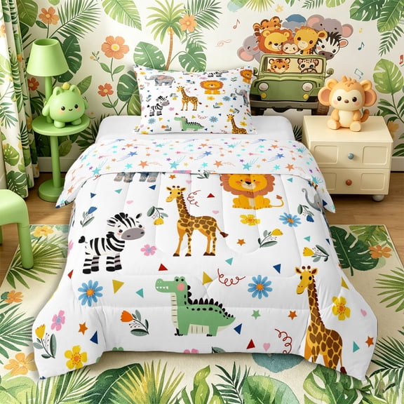 Castle Fairy Cute Safari Elephant Lion Giraffe Zebra Twin Comforter Sets 2pcs,Cartoon Floral Animal Bedding Set,White Multicolor,Reversible,1 Comforter and 1 Pillowcase