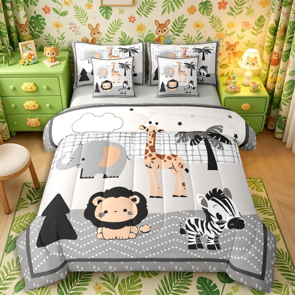 Castle Fairy Cute Safari Giraffe Zebra Lion Elephant 7-Piece Twin Bedding,Cute Palm Tree Polka Dots Bedding Comforter Set,Gray Beige White,Grey Reversible