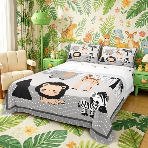Castle Fairy Cute Safari Giraffe Zebra Lion Elephant Bed Sheets 4-Piece,Cute Palm Tree Polka Dots Full Size Sheets,Gray Beige White,1 Fitted Sheet, 1 Flat Sheet and 2 Pillowcases