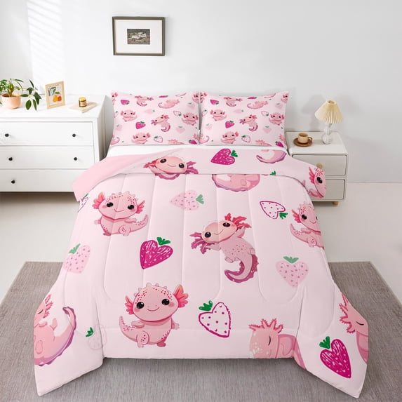 Castle Fairy Cute Salamander Twin Comforter Sets for Kids,Kawaii Axolotl Bedding Set