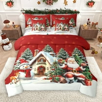 Castle Fairy Cute Santa Claus Snowman 7-Piece Twin Bedding Sets for Teens Girls Boys,Xmas Snowflake Bedding Comforter Set,Green Red White Breathable Sheet Sets,Ultra Soft Home Decor