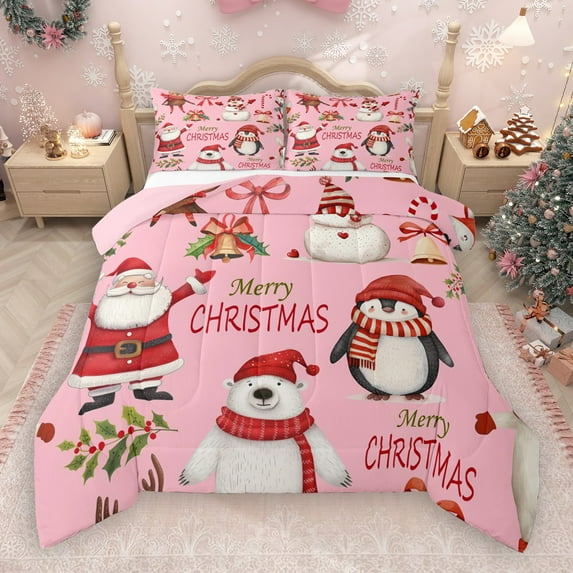 Castle Fairy 2-Piece Twin Size Comforter Set, Santa Snowman and Bear Christmas Print