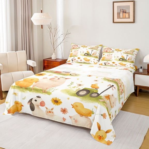 Castle Fairy Cute Sheep Chicken Twin Sheet Sets 3pcs for Preppy Kids Children,Kawaii Flower Animal Twin Fitted Sheet Microfiber,Cartoon Farmhouse Animal Breathable Flat Sheet