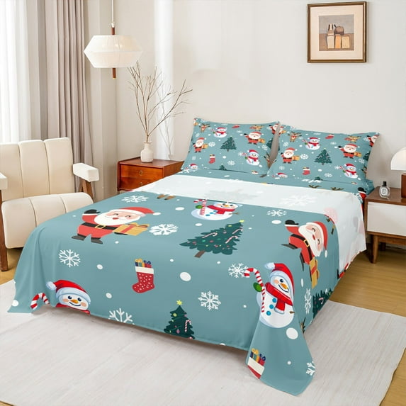 Castle Fairy Cute Snowman Santa Claus Full Size Sheets 4-Piece,Merry Christmas Breathable Bed Sheets,Happy New Year Lightweight Sheet Sets,Ultra Soft Home Decor