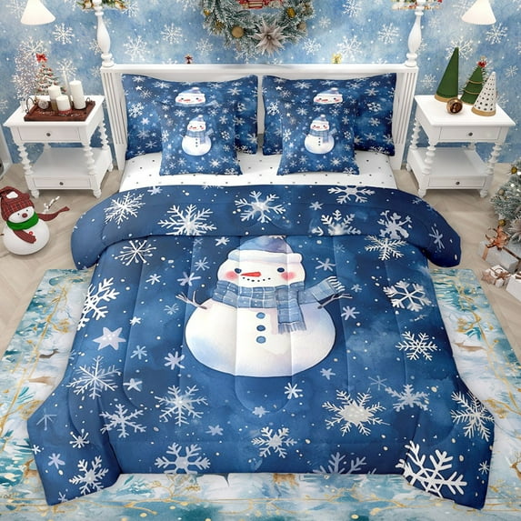 Castle Fairy Cute Snowman Twin Bedding Sets 7-Piece for Female Men Women,Merry Christmas Bedding Comforter Set Microfiber,Happy Winter Xmas Snowflakes Breathable Sheet Sets,Microfiber Bedroom Decor