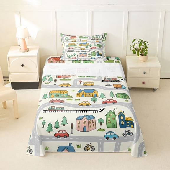Castle Fairy Cute Town Road Twin Sheet Sets 3pcs for Kids, Whimsical House Car Bedding for Bedroom, Green Yellow