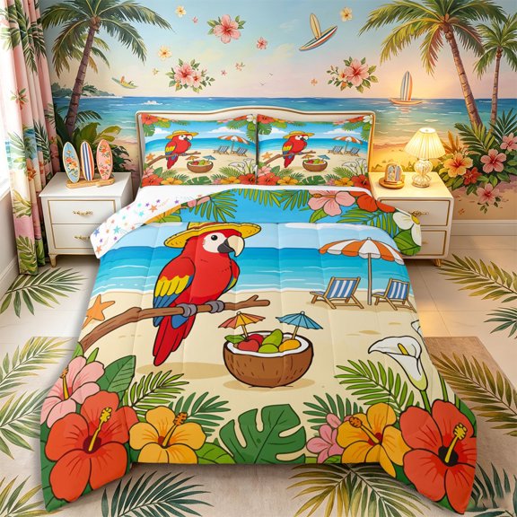 Castle Fairy Cute Tropical Parrot Queen Comforter Set 3 Pieces,Coconut Drink Hibiscus Beach Layout Comforter Sets Queen,Red Sky,Reversible,1 Comforter and 2 Pillowcases