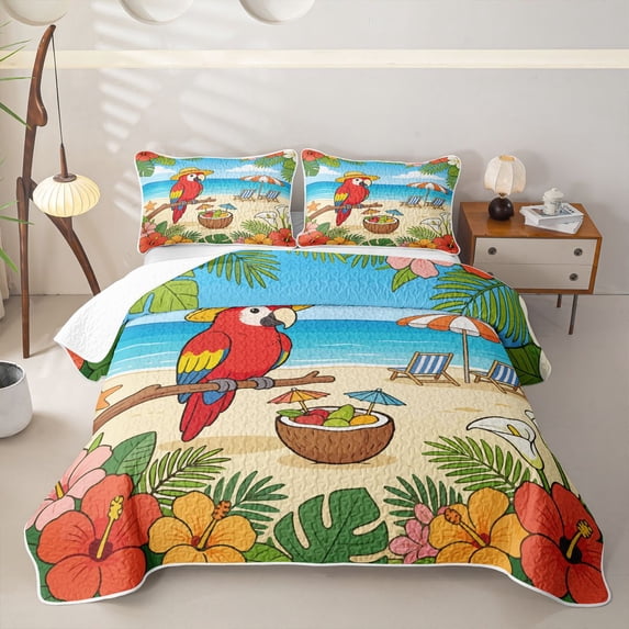 Castle Fairy Cute Tropical Parrot Quilt King,Coconut Drink Hibiscus Beach Layout King Coverlet Set,Red Sky