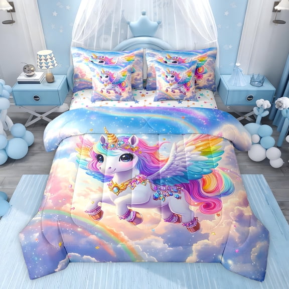 Castle Fairy Cute Unicorn Bedding Comforter Set,Kawaii Rainbow Animal Full Bedding Set