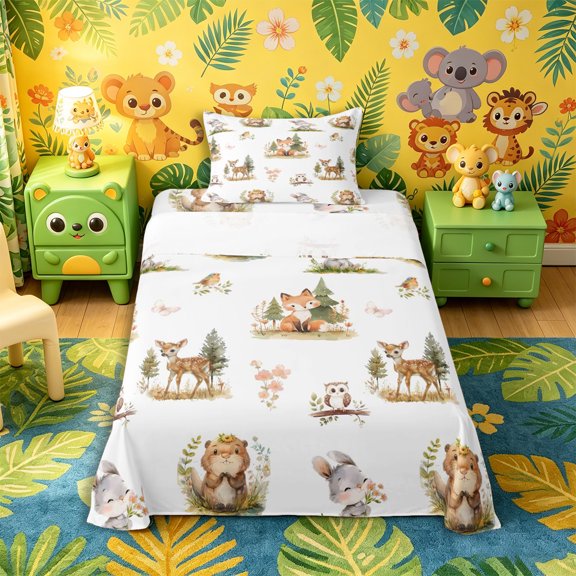 Castle Fairy Cute Watercolor Animal Deer Twin Sheets 3pcs for Boys,Adorable Fox Rabbit Owl Bedding,White Green Pink,1 Fitted Sheet, 1 Flat Sheet and 1 Pillowcase