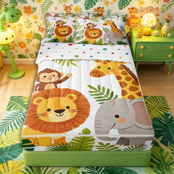 Castle Fairy Cute Watercolor Jungle Lion Giraffe Elephant Zipper Twin Comforter Sets with Fitted Sheet and 2 Pillowcases,Cartoon Animal Zipper Bedding Set,Green Brown White,Reversible,4-Piece