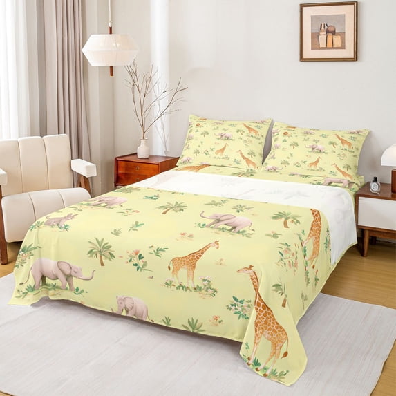 Castle Fairy Cute Wildlife Lion Elephant Giraffe 4pcs Bed Sheets for Kids Children Teens,Cartoon Floral Flowers Animal King Sheets,Yellow Orange Super Cozy Sheet Set,Lightweight Room Decor