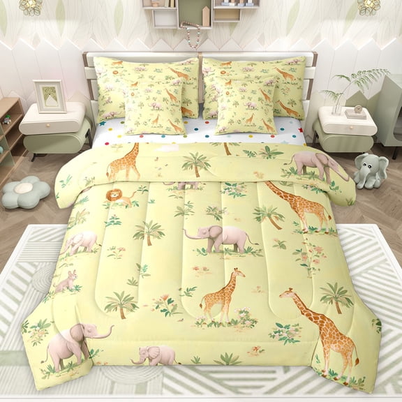 Castle Fairy Cute Wildlife Lion Elephant Giraffe Bedding Comforter Set 7-Piece for Kids Children Teens,Cartoon Floral Flowers Animal King Bedding Sets,Yellow Orange Ultra Soft Bed Sheets