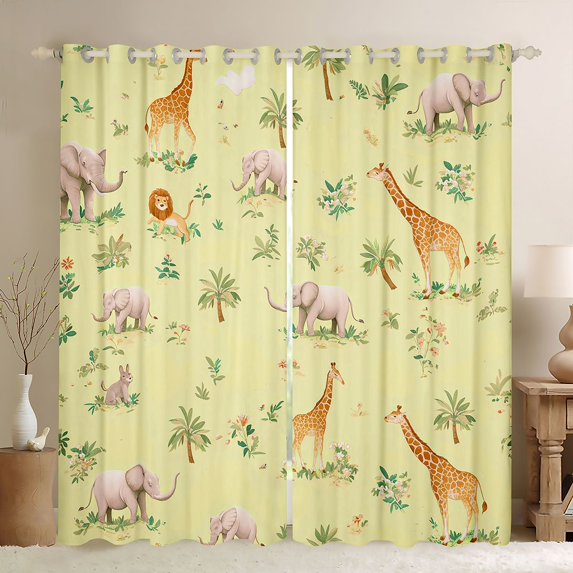 Castle Fairy Cute Wildlife Lion Elephant Giraffe Curtains Pack of 2 (42x84 Each) for Kids Children Teens,Cartoon Floral Flowers Animal Curtains Blackout,Yellow Orange Bedroom Curtains
