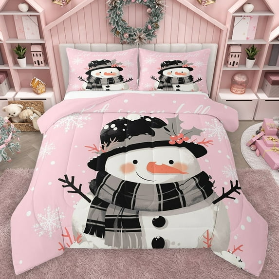 Castle Fairy Cute Winter Snowman Snowflake Full Size Comforter Sets 3-Piece for Boys Girls,Merry Christmas Bedding Comforter Set,Happy New Year Lightweight Bedding Sets,Ultra Soft Home Decor