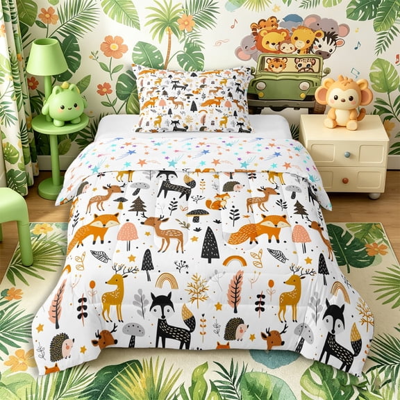 Castle Fairy Cute Woodland Animal Twin Comforter Sets 2pcs,Fox Deer Hedgehog Pine Bedding Set,Orange Black Cream White,Reversible,1 Comforter and 1 Pillowcase