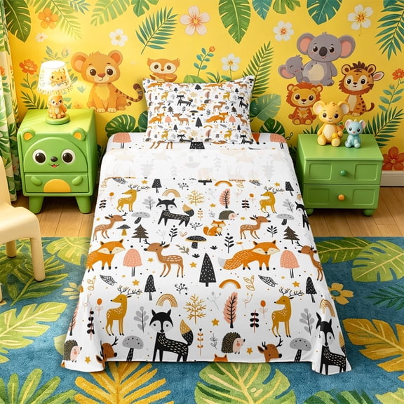 Castle Fairy Cute Woodland Animal Twin Sheets 3pcs,Fox Deer Hedgehog Pine Bedding,Orange Black Cream White,1 Fitted Sheet, 1 Flat Sheet and 1 Pillowcase