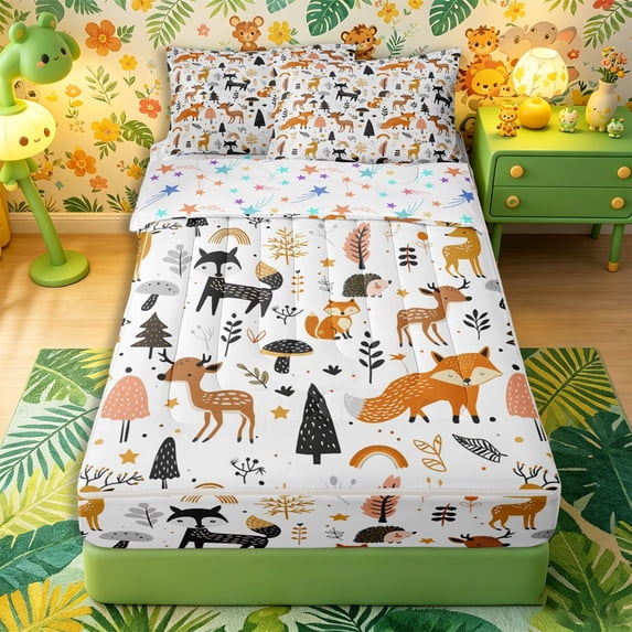 Castle Fairy Cute Woodland Animal Zipper Queen Comforter Set with Fitted Sheet and 2 Pillowcases,Fox Deer Hedgehog Pine Zipper Bedding Set,Orange Black Cream White,Reversible,4 Pieces
