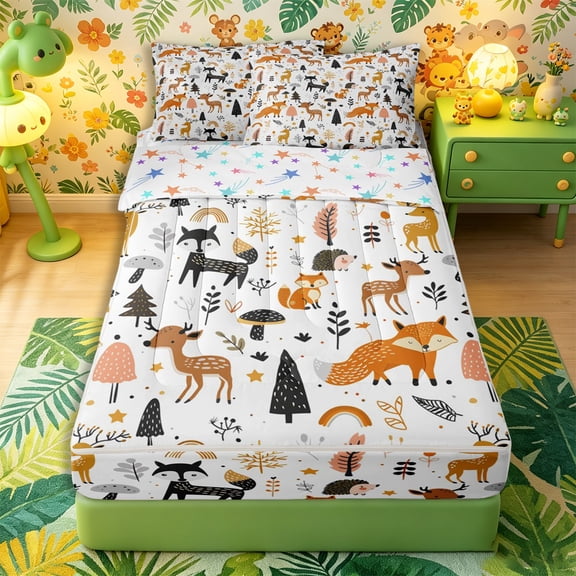 Castle Fairy Cute Woodland Animal Zipper Twin Comforter Sets with Fitted Sheet and 2 Pillowcases,Fox Deer Hedgehog Pine Zipper Bedding Set,Orange Black Cream White,Reversible,4-Piece