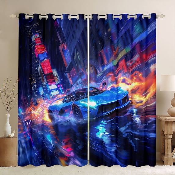 Castle Fairy Cyberpunk Blue Car Blackout Curtains Set of 2 (52x84 Each) for Men, Neon City Window Curtains for Bedroom, Blue and Orange