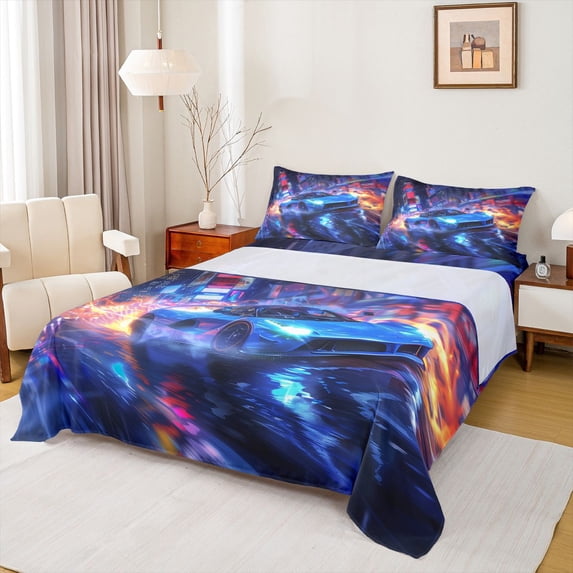 Castle Fairy Cyberpunk Blue Car Queen Sheet Sets 4 Pieces for Men, Neon City Bed Set for Bedroom, Blue and Orange