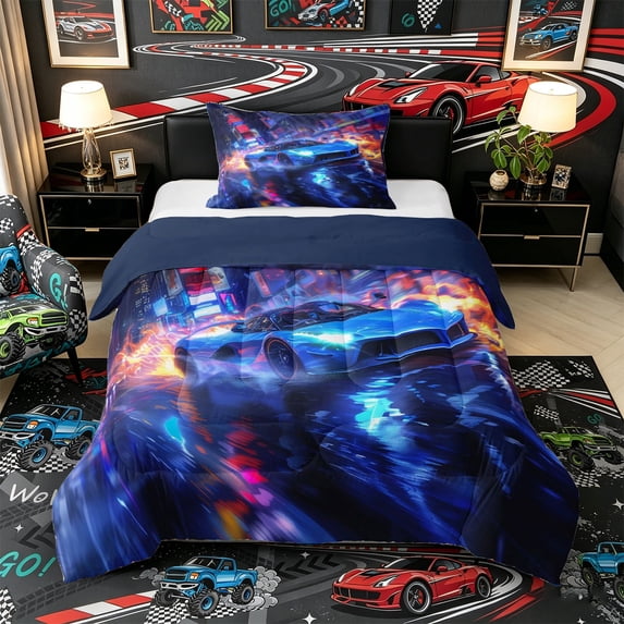 Castle Fairy Cyberpunk Blue Car Twin Comforter Sets 3-Piece for Men, Neon City Bedding Set for Bedroom, Blue and Orange,Navy Blue Reversible