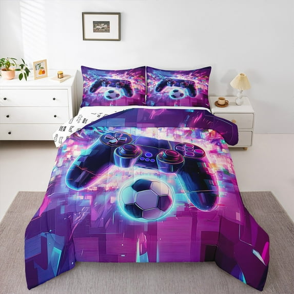Castle Fairy Cyberpunk Gamepads Queen Comforter Set,Futuristic Cubes Bedding Comforter Set