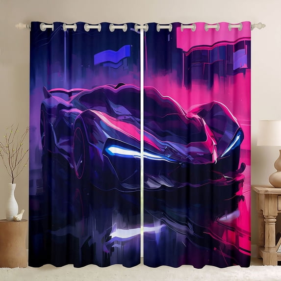 Castle Fairy Cyberpunk Style Futuristic Supercar Black Out Curtains for Teens, Neon Night Art Curtains Pack of 2 (42x63 Each) for Bedroom, Magenta Purple