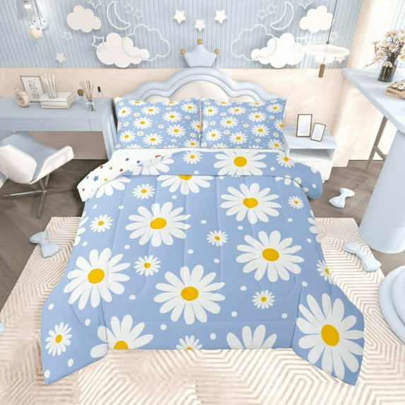 Castle Fairy Daisy Flower 3-Piece Full Size Comforter Sets for Girls,Spring Graden Bedding Comforter Set,Polka Dots Lightweight Bedding Sets,Super Cozy Room Decor