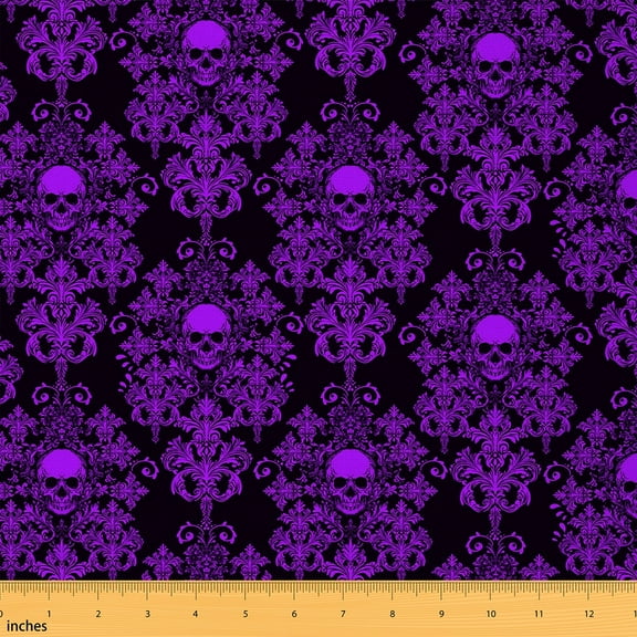 Castle Fairy Damask Skull Fabric by the Yard 1 Yard for Teenagers,Gothic Style Home Decor Fabric by the Yard,Black Purple Room Decor Fabric by the Yard,Microfiber Bedroom Decor