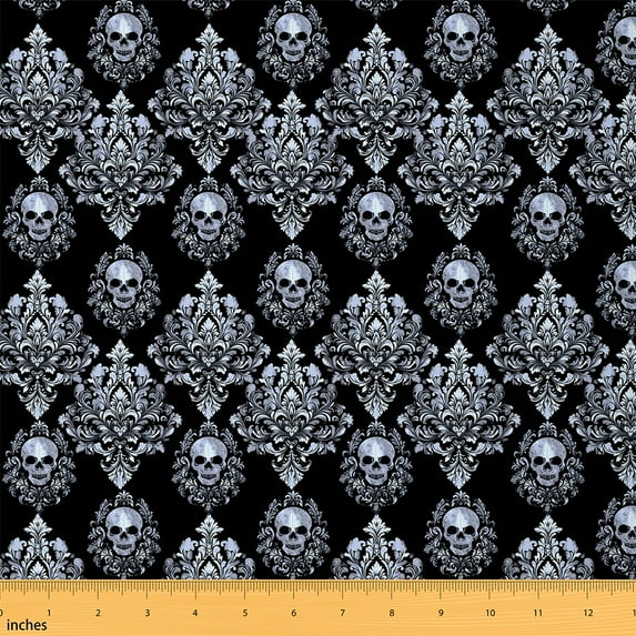 Castle Fairy Damask Skull Fabric by the Yard 2 Yards for Teenagers,Gothic Style Room Decor Fabric by the Yard,Black Silver Sewing Fabric,Microfiber Bedroom Decor